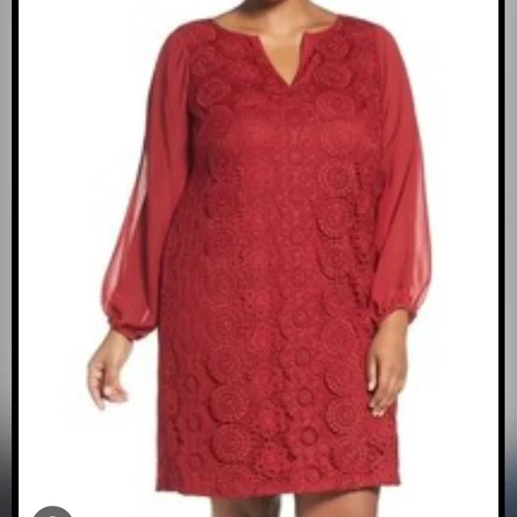 16W RED Adrianna Papell Dress Crochet Lace Midi Chiffon Slit Sleeves Lined - Picture 1 of 6